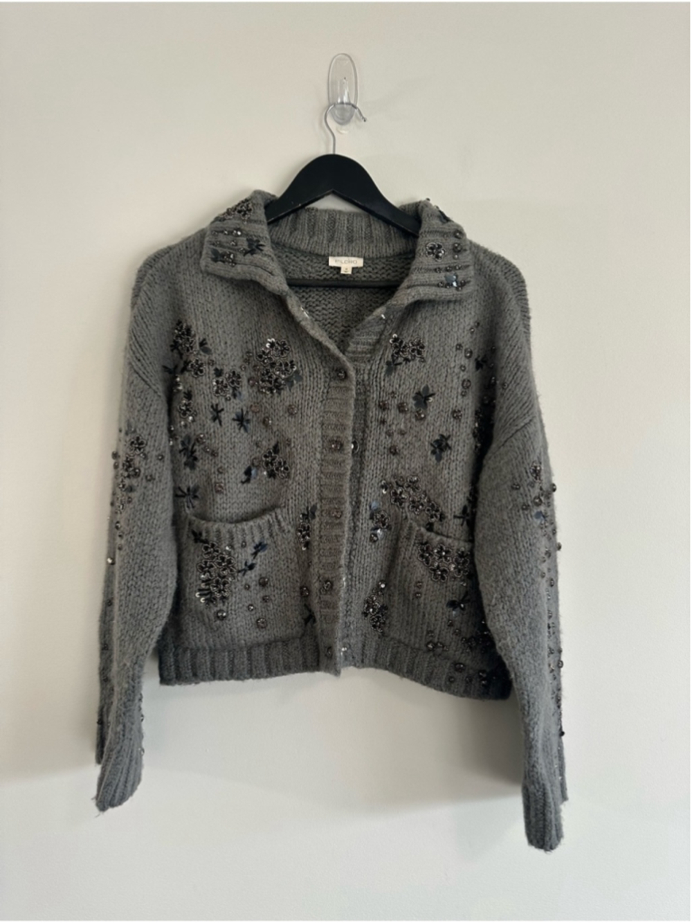 Pilcro Embellished Floral Collared Cardigan Sweater Grey Medium Anthropologie - Picture 3 of 14